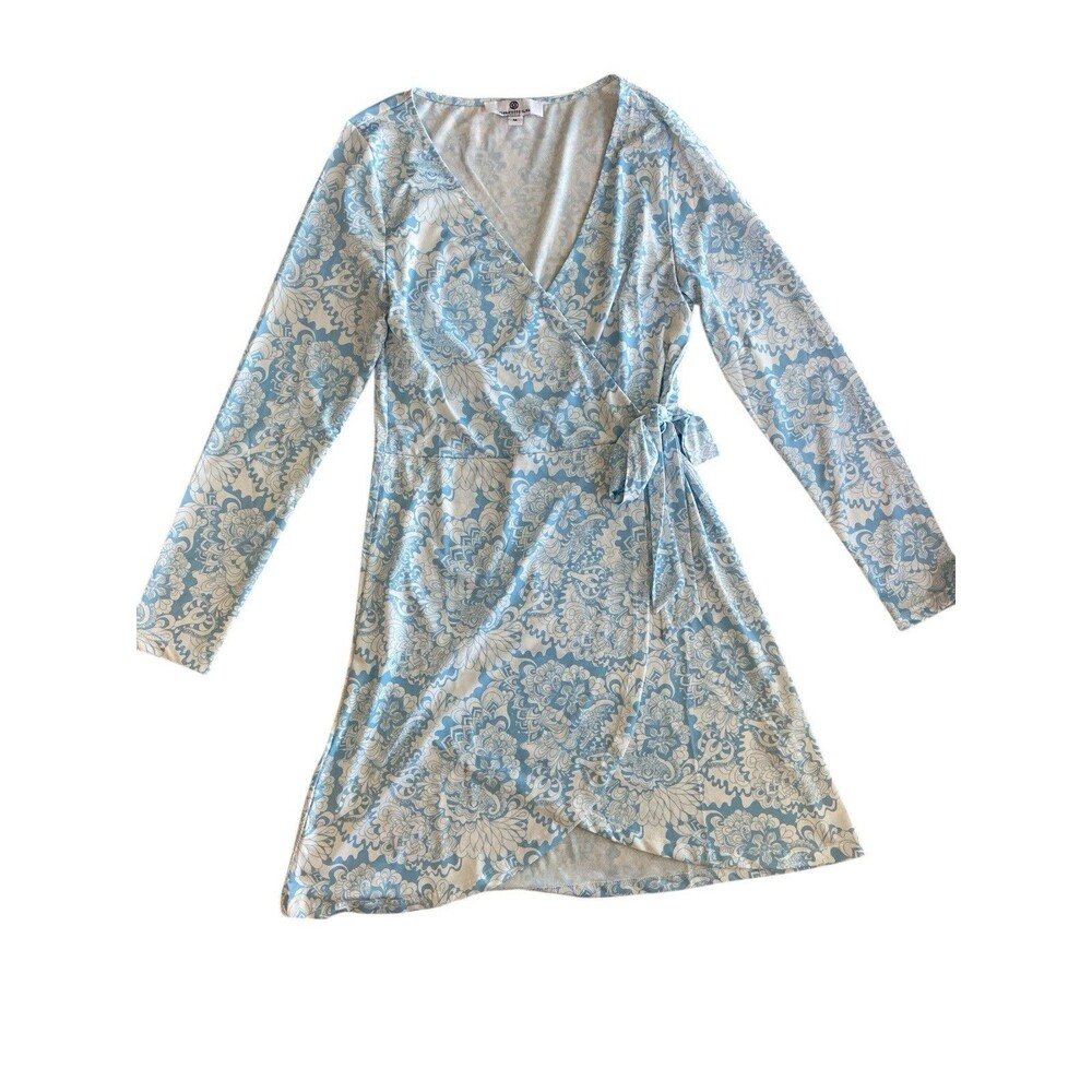 Jean-Pierre Klifa Paris Wrap Dress Blue‎ White Paisley Long Sleeve Stretchy Sz M
